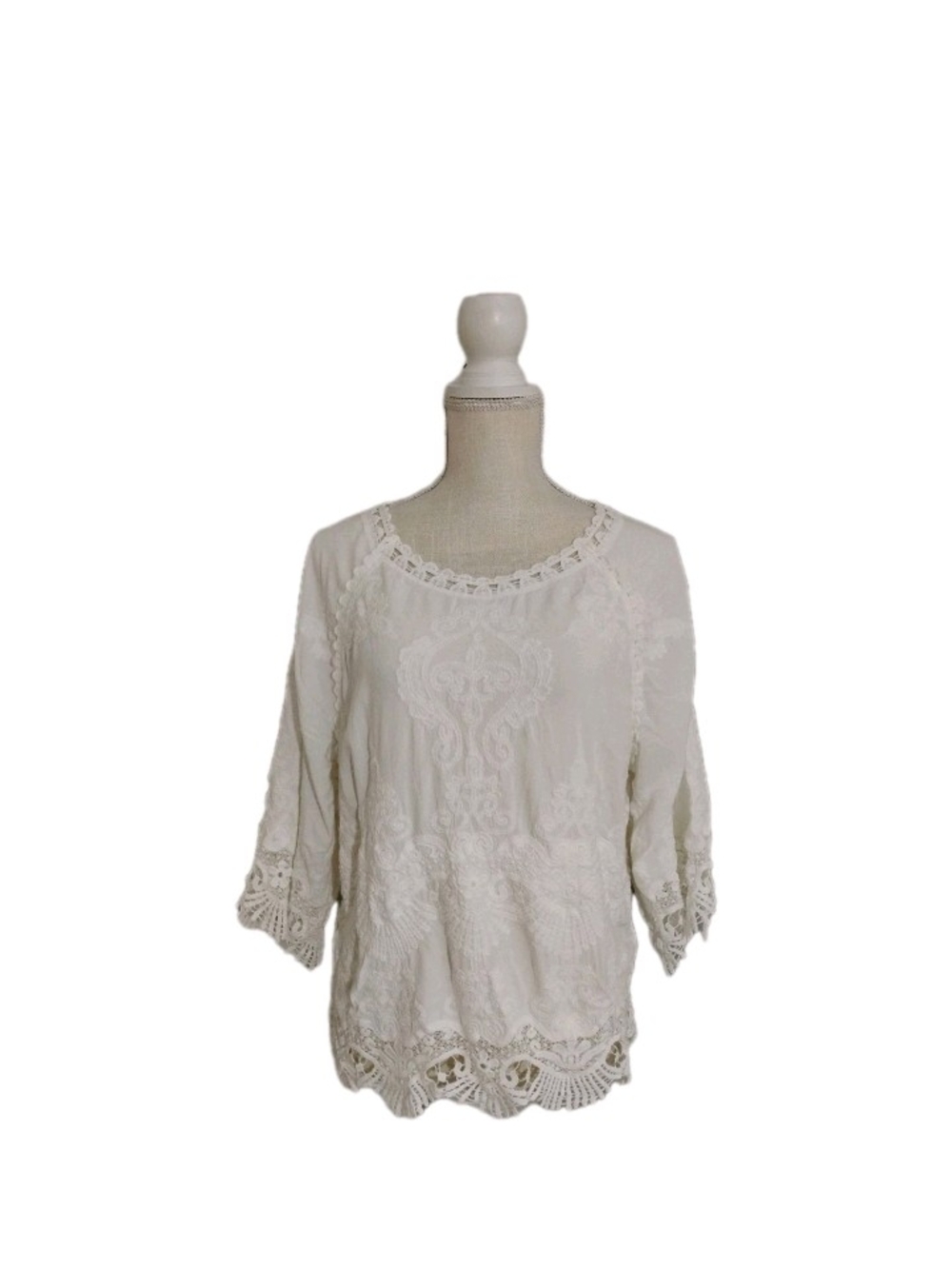 North Style Boho Lace Embroidered Blouse M White Coastal Cottagecore Romantic